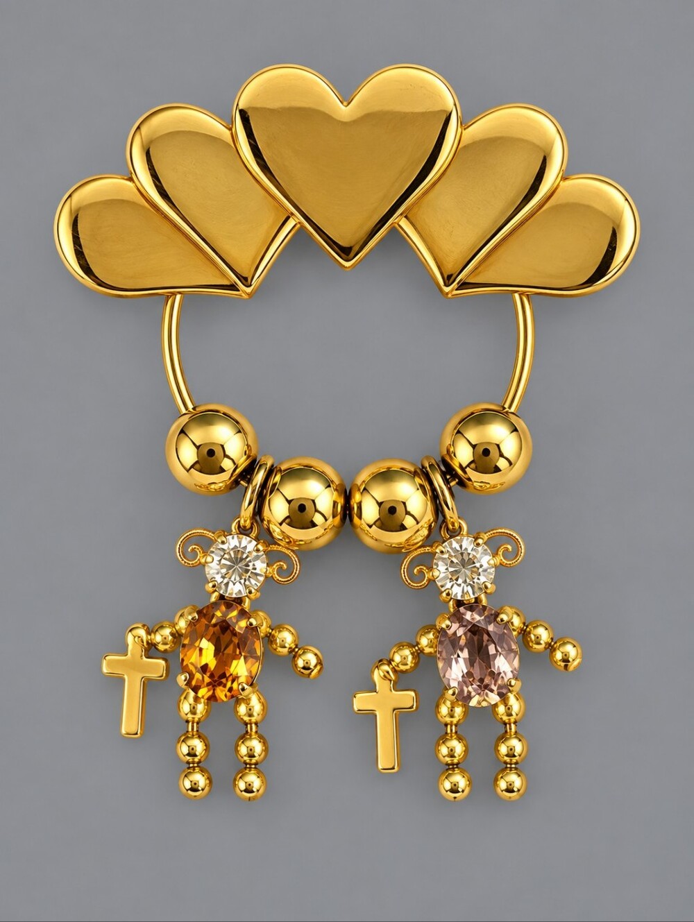 Vintage Gold Tone Heart Hoop Mother's Brooch with Crystal Doll Cross Charms